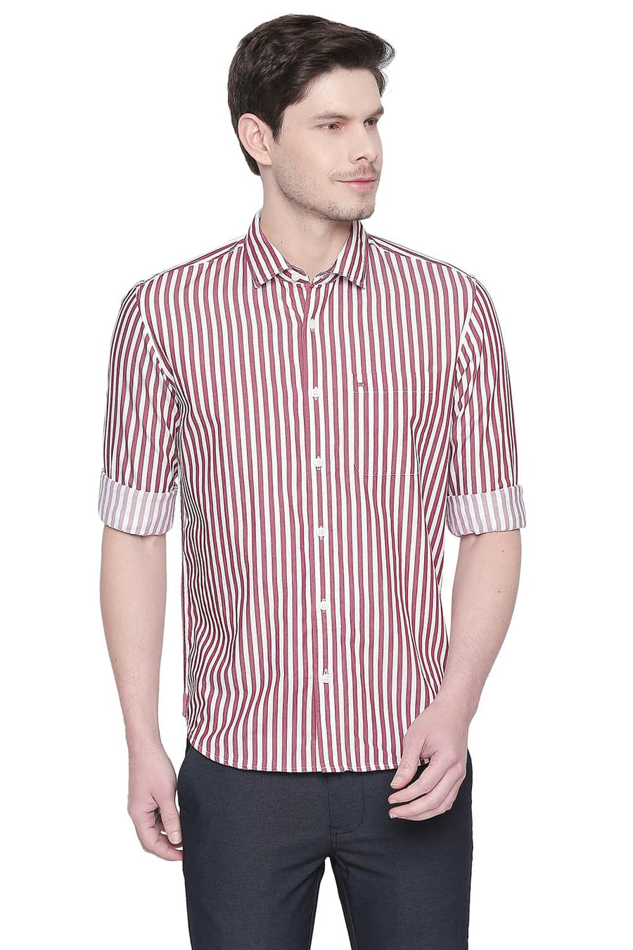 BASICS SLIM FIT RED DAHLIA STRIPE TWILL SHIRT
