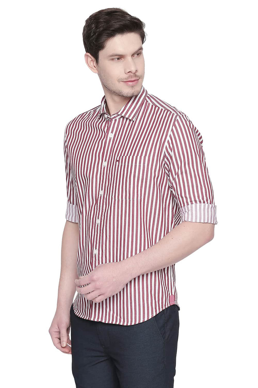 BASICS SLIM FIT RED DAHLIA STRIPE TWILL SHIRT