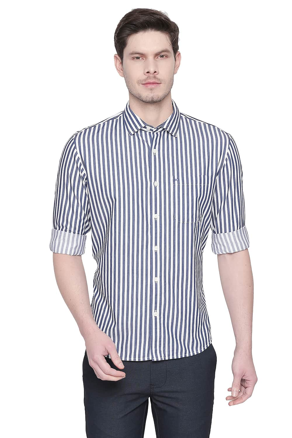 BASICS SLIM FIT STRIPE TWILL SHIRT