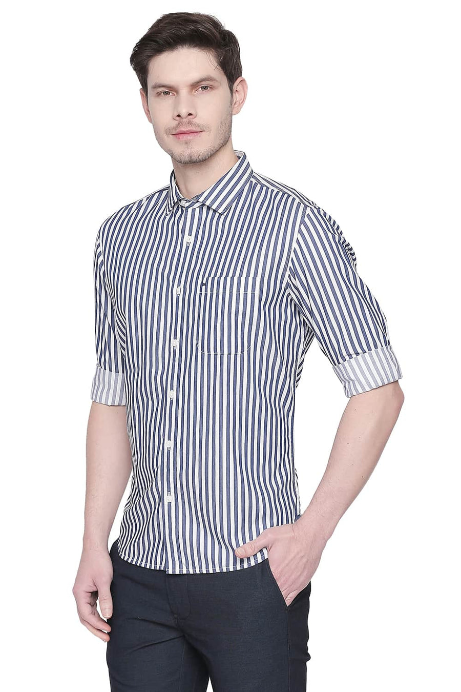 BASICS SLIM FIT MOOD BLUE STRIPE TWILL SHIRT