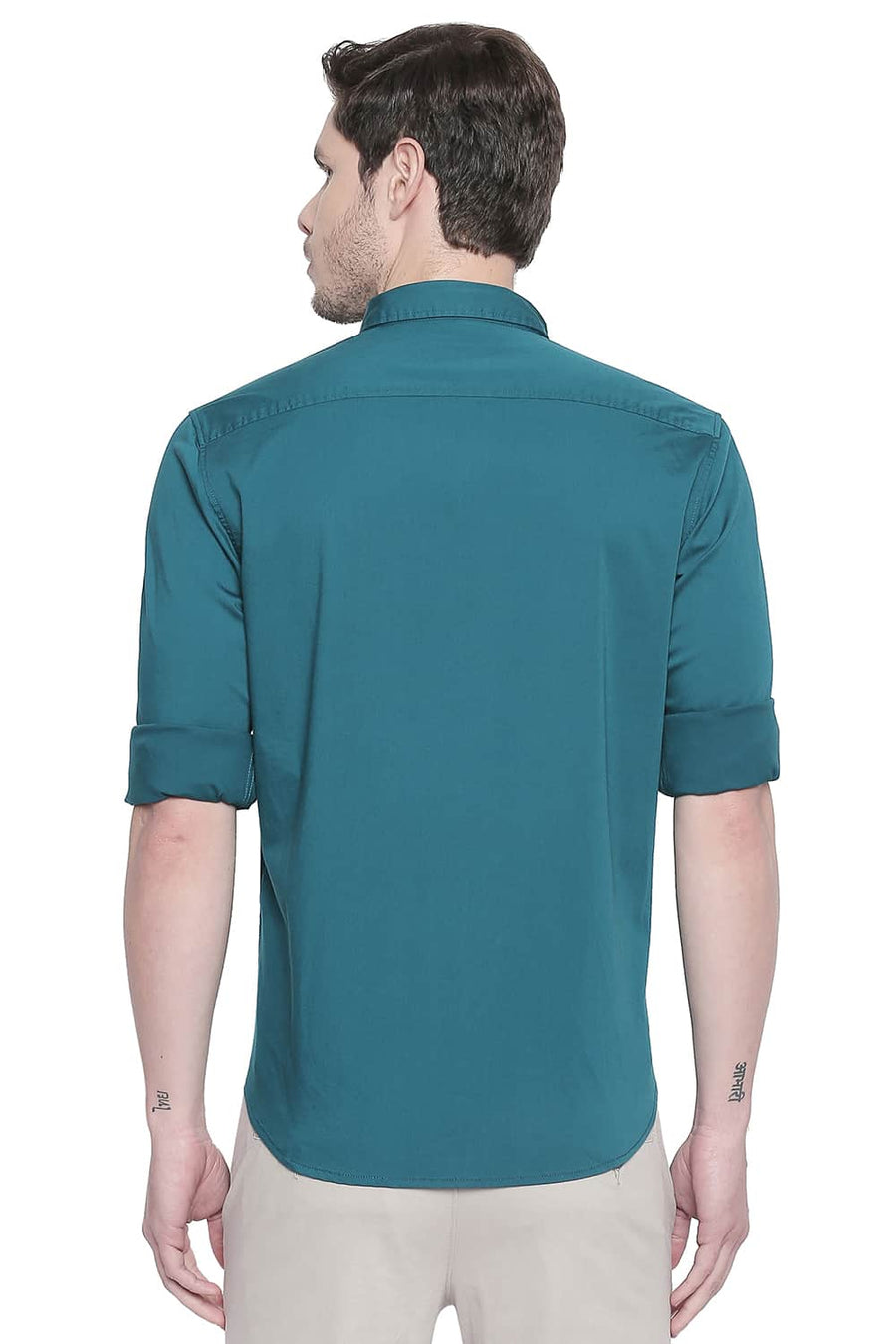 BASICS SLIM FIT SPRUCE GREEN TWILL STRETCH SHIRT