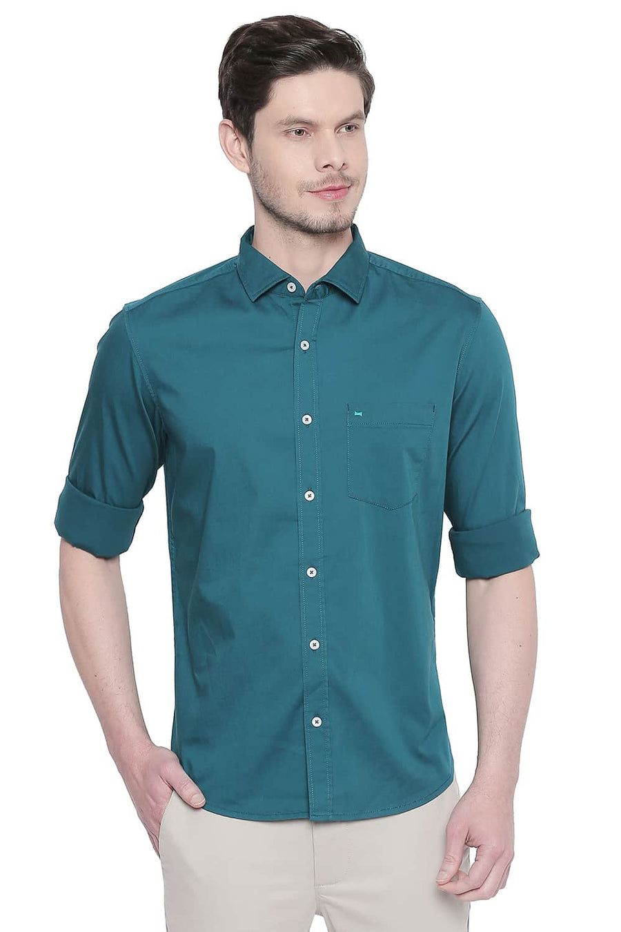 BASICS SLIM FIT SPRUCE GREEN TWILL STRETCH SHIRT