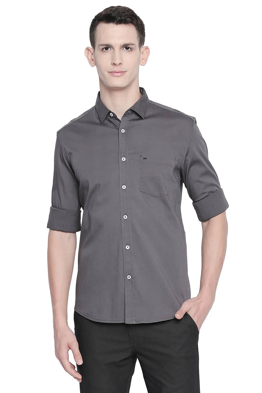 BASICS SLIM FIT IRON GREY TWILL STRETCH SHIRT