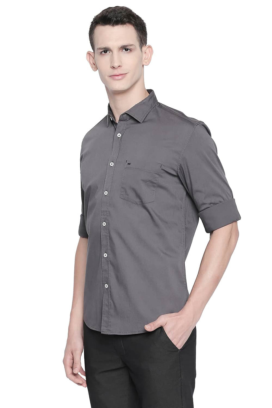 BASICS SLIM FIT IRON GREY TWILL STRETCH SHIRT