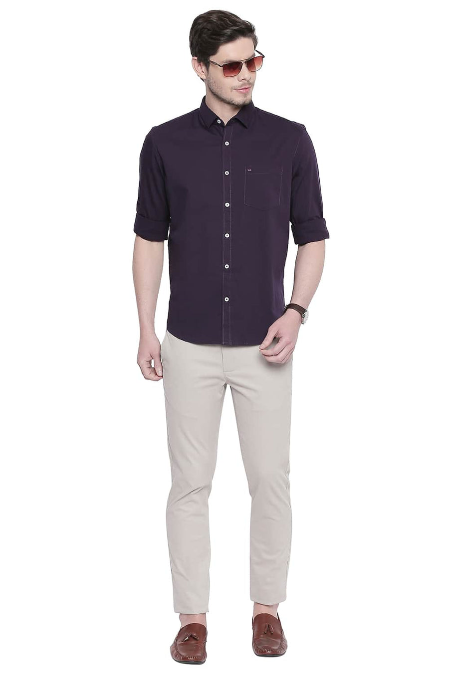 BASICS SLIM FIT NIGHTSHADE PURPLE TWILL STRETCH SHIRT