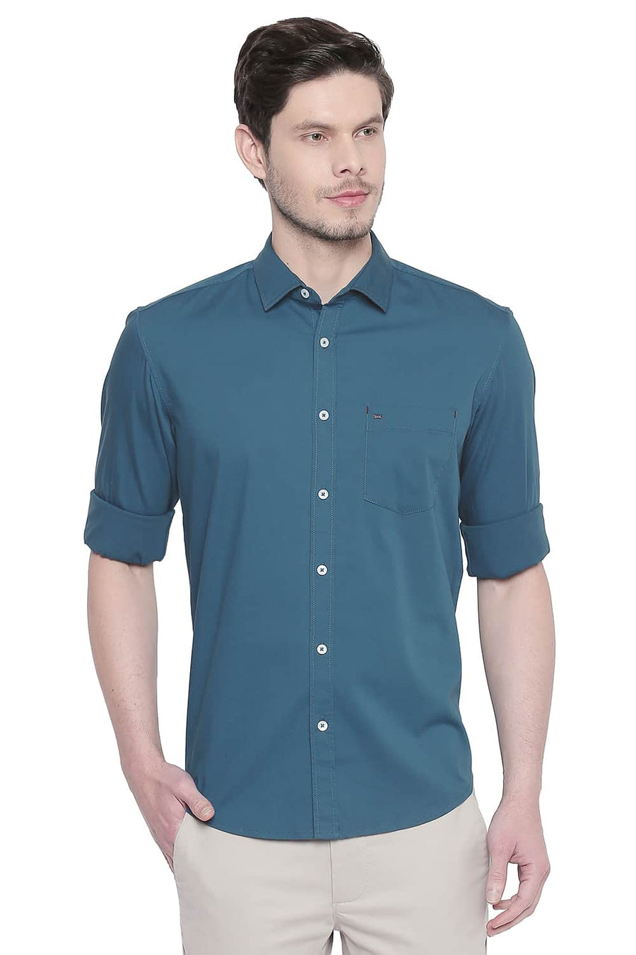 BASICS SLIM FIT CORSAIR TURQUOISE TWILL STRETCH SHIRT