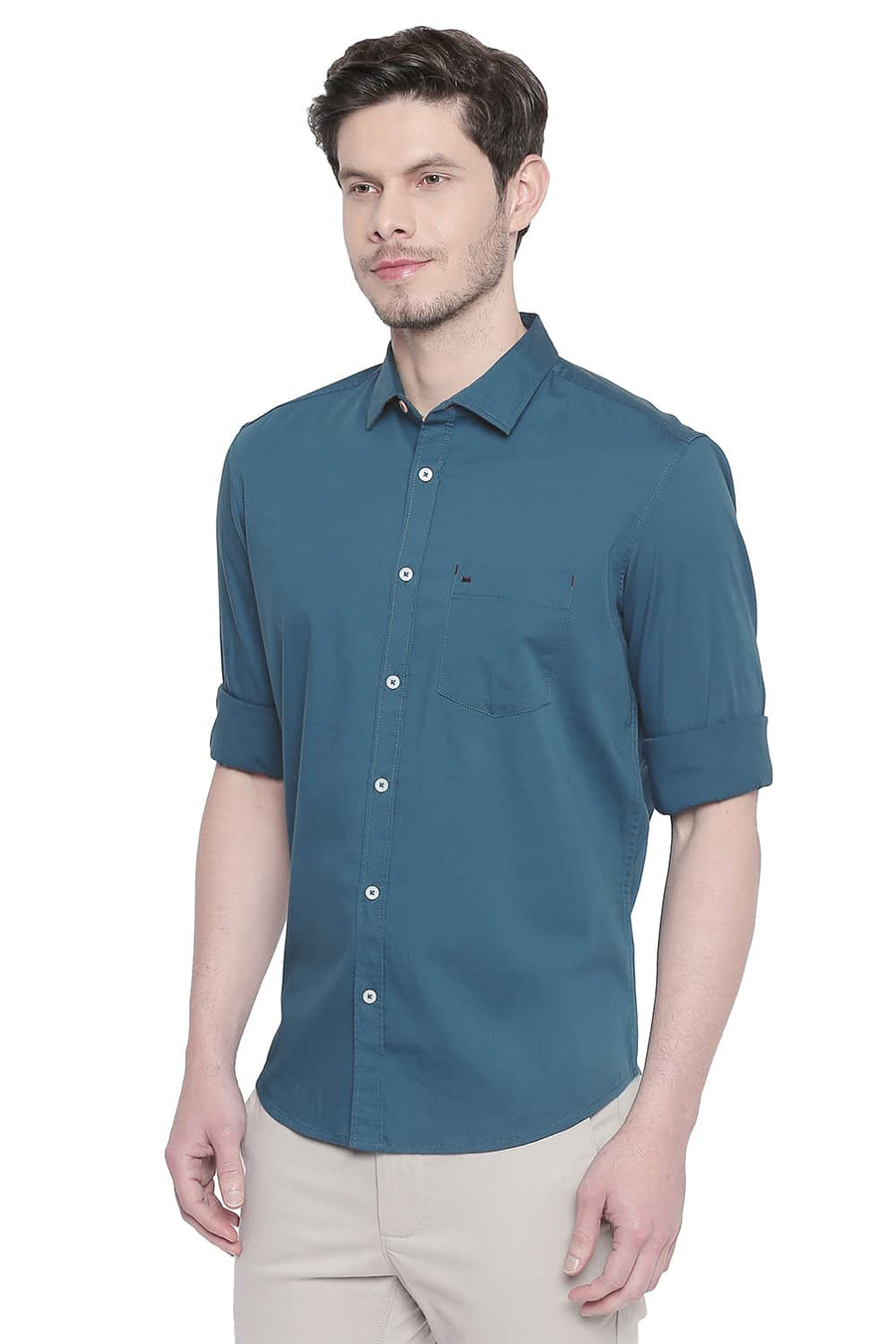 BASICS SLIM FIT CORSAIR TURQUOISE TWILL STRETCH SHIRT