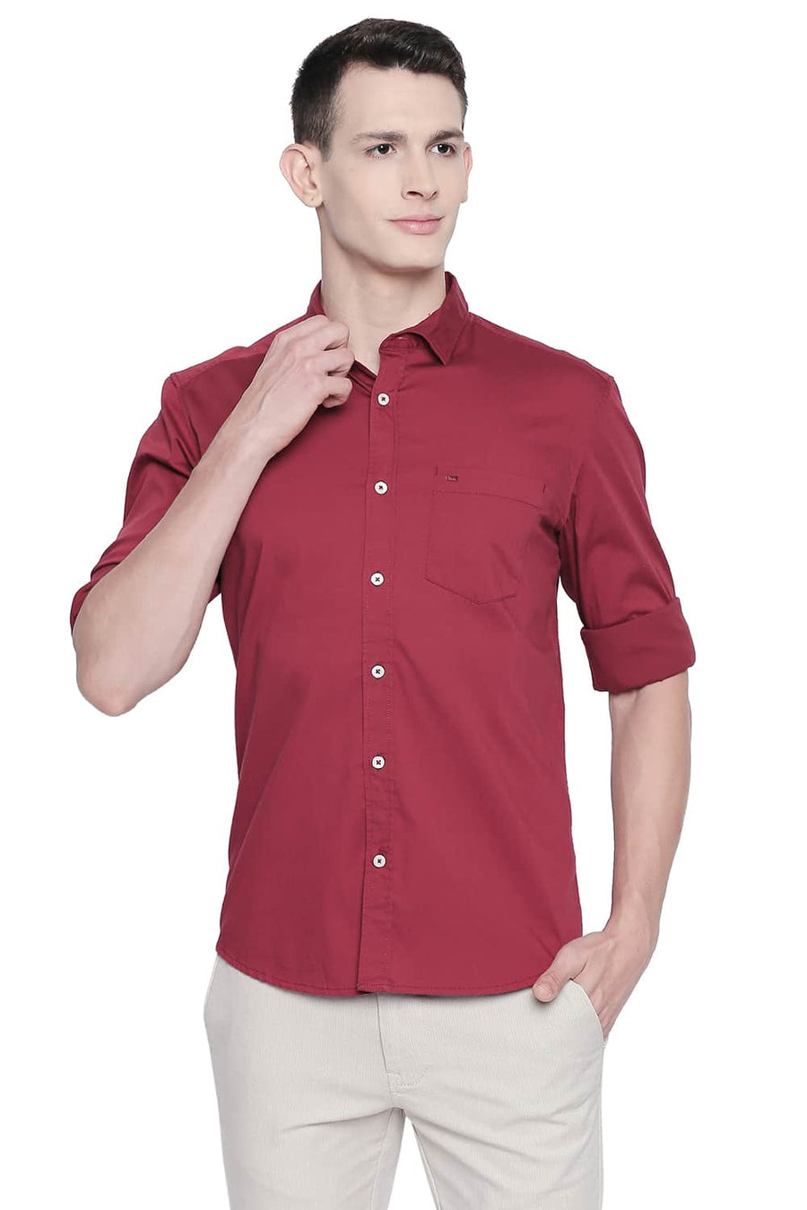 BASICS SLIM FIT GRANET MAROON TWILL STRETCH SHIRT