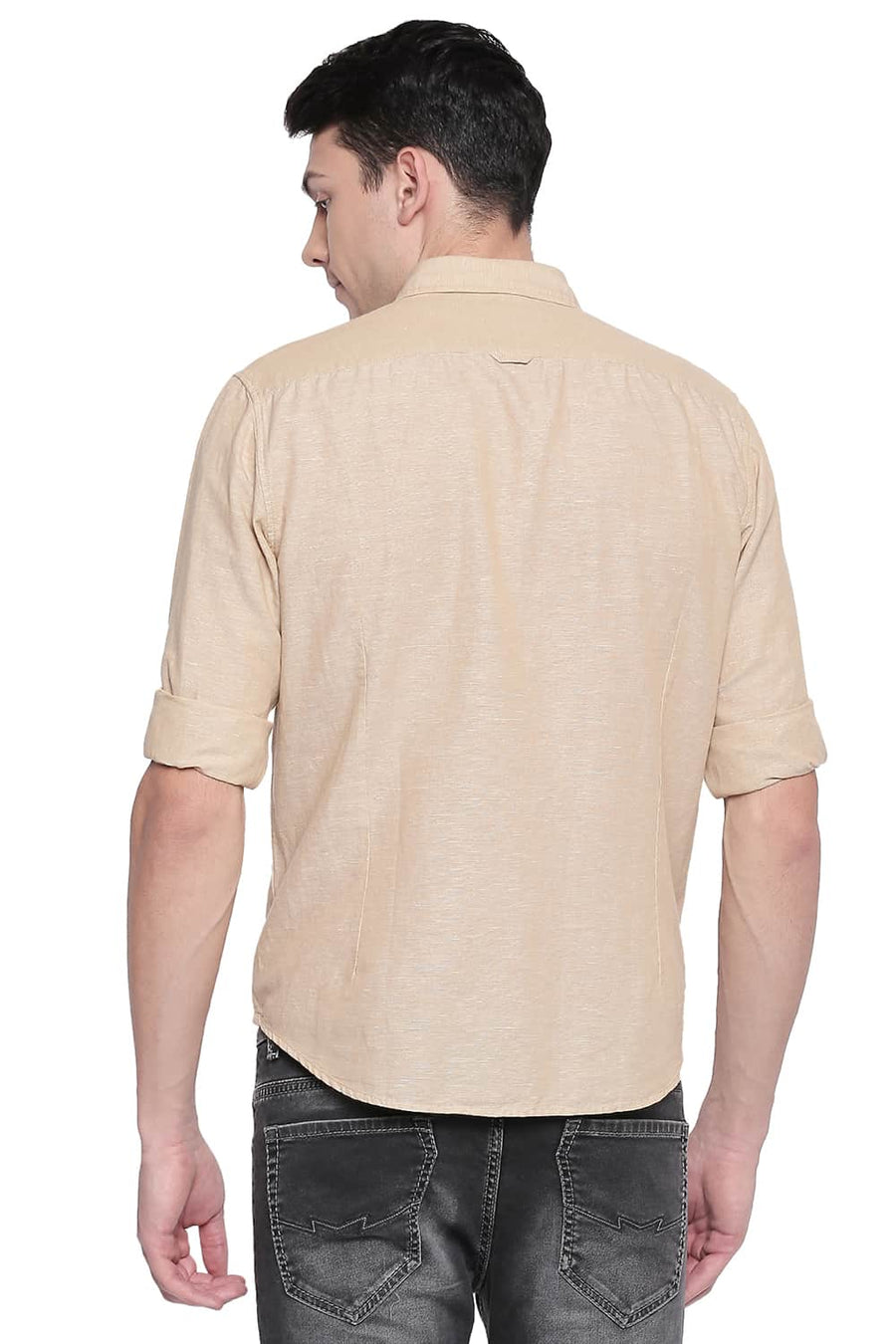 BASICS SLIM FIT WARM KHAKI COTTON LINEN SHIRT
