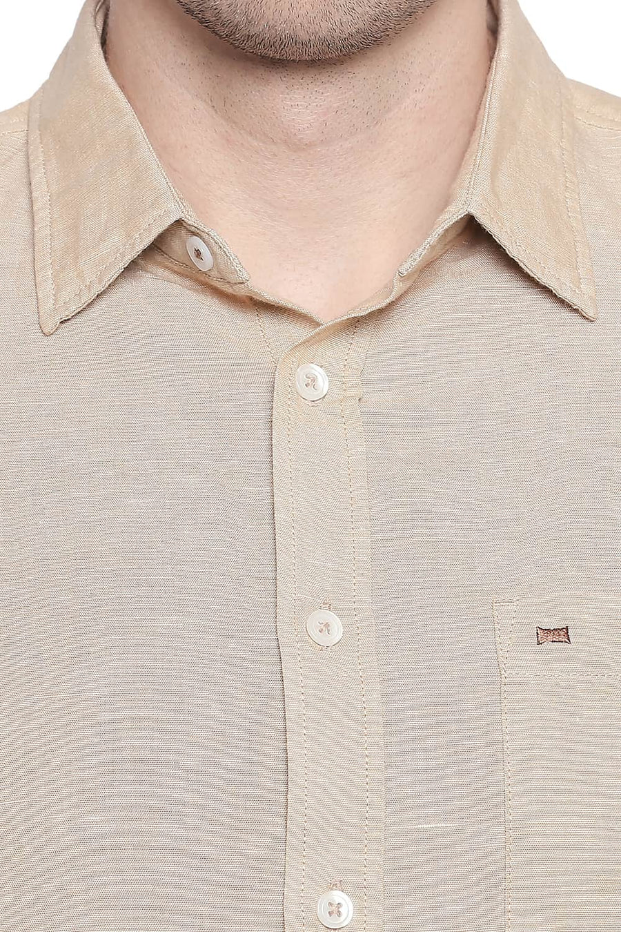 BASICS SLIM FIT WARM KHAKI COTTON LINEN SHIRT