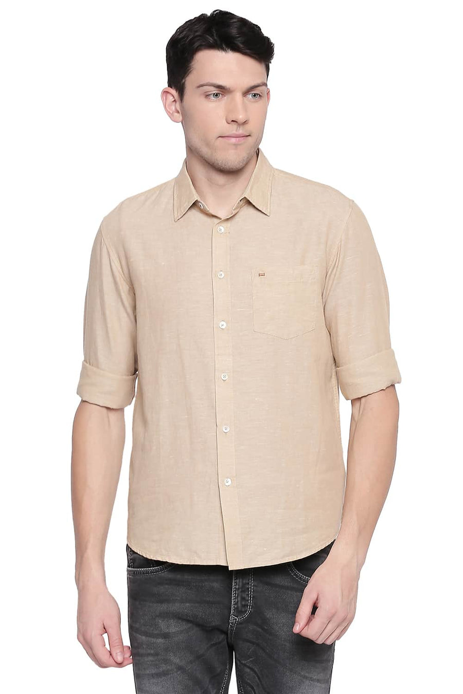 BASICS SLIM FIT WARM KHAKI COTTON LINEN SHIRT