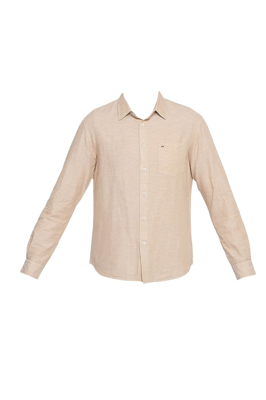 BASICS SLIM FIT WARM KHAKI COTTON LINEN SHIRT