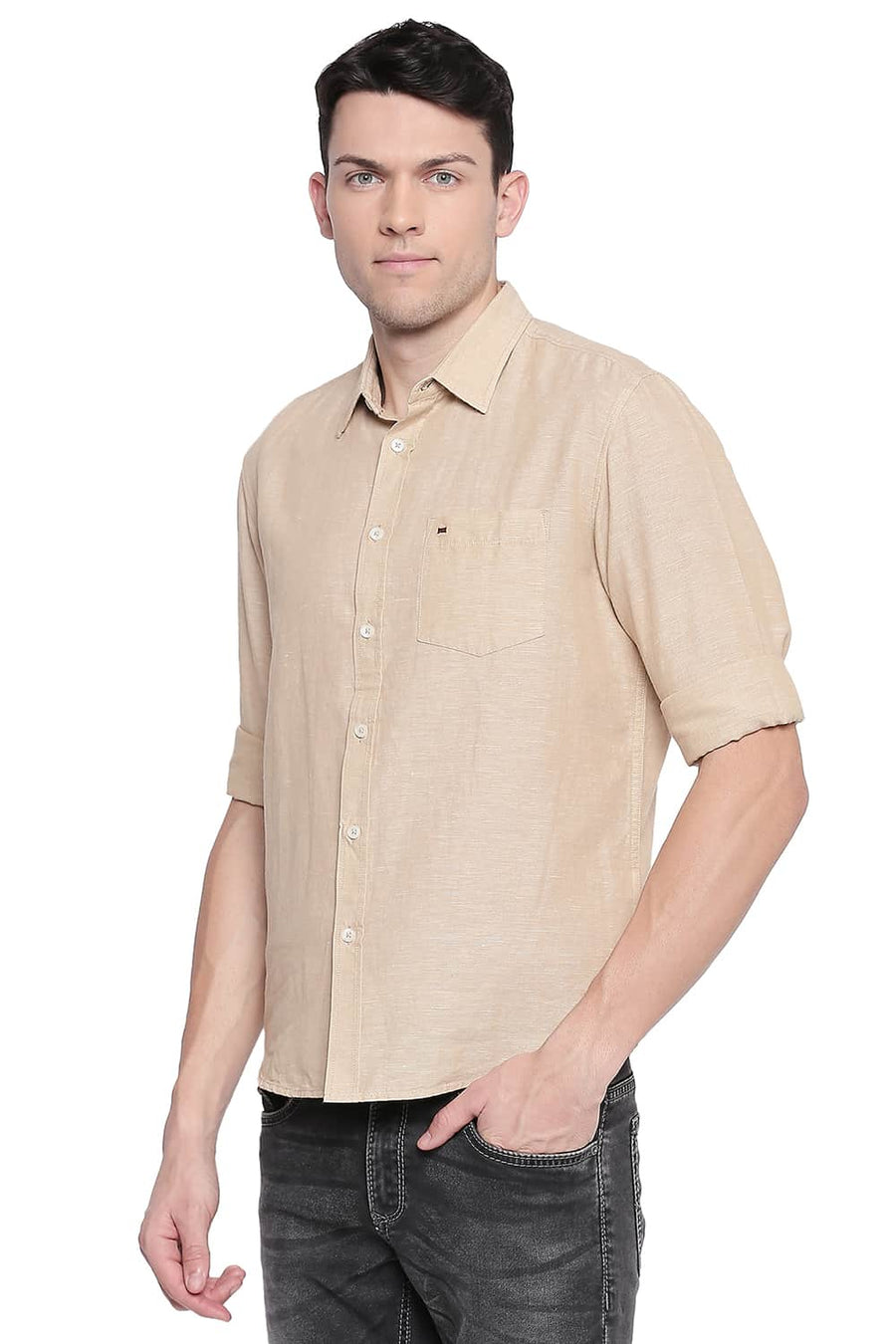 BASICS SLIM FIT WARM KHAKI COTTON LINEN SHIRT