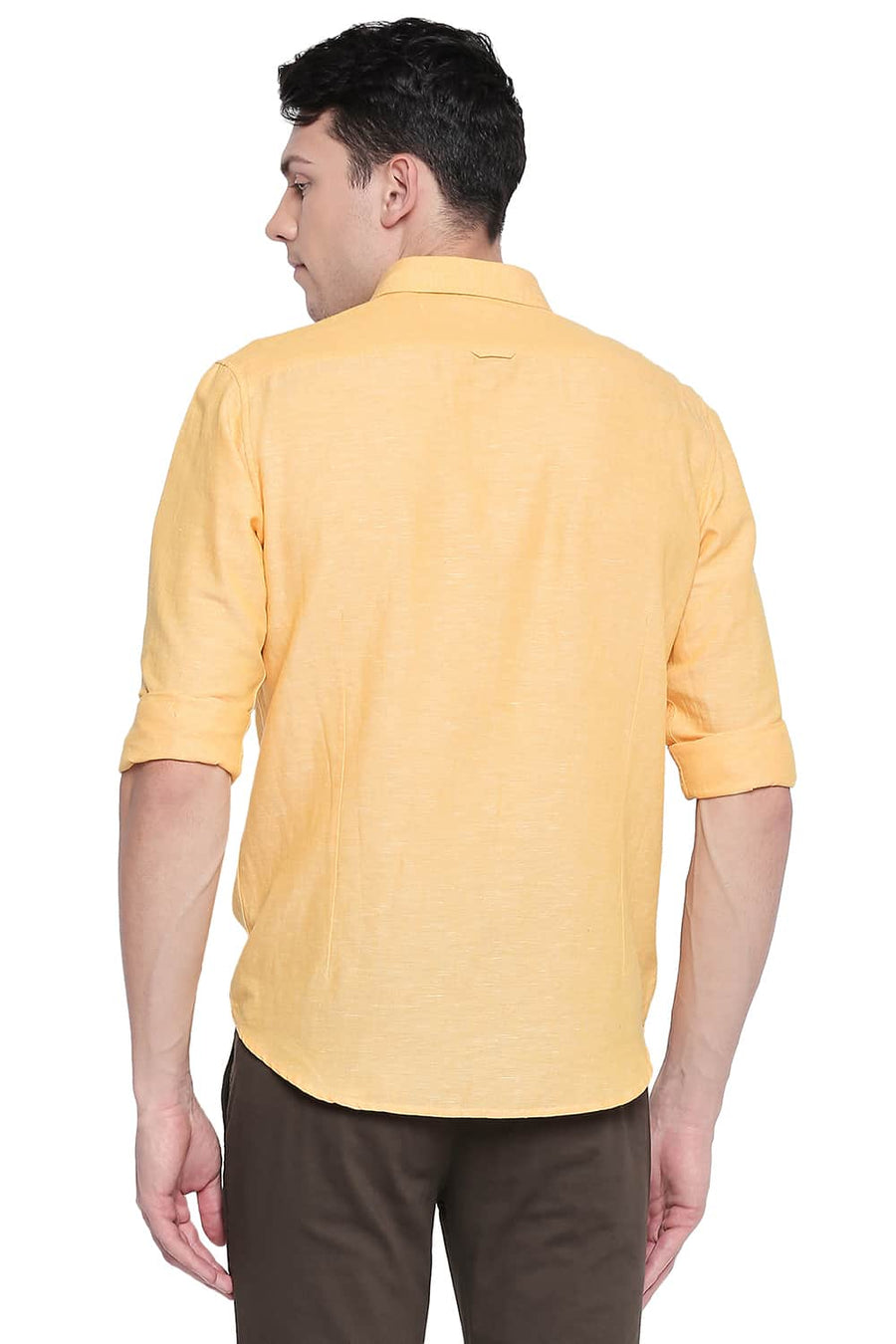 BASICS SLIM FIT DAFFODIL YELLOW COTTON LINEN SHIRT