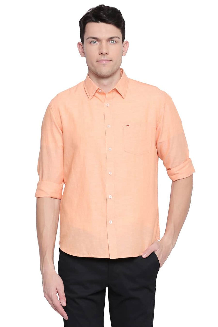 BASICS SLIM FIT MUSKMELON ORANGE COTTON LINEN SHIRT