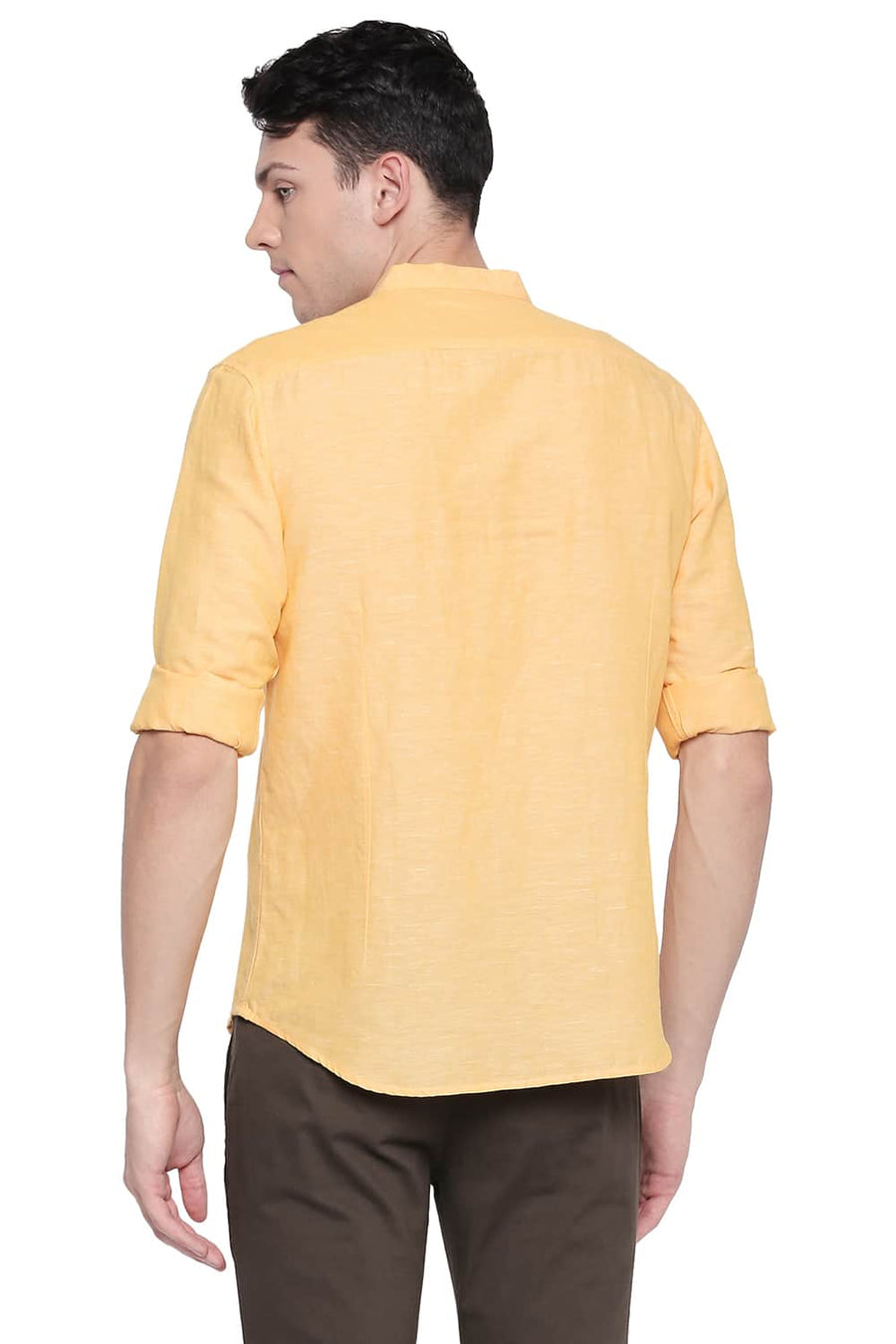 BASICS SLIM FIT DAFFODIL YELLOW COTTON LINEN SHIRT