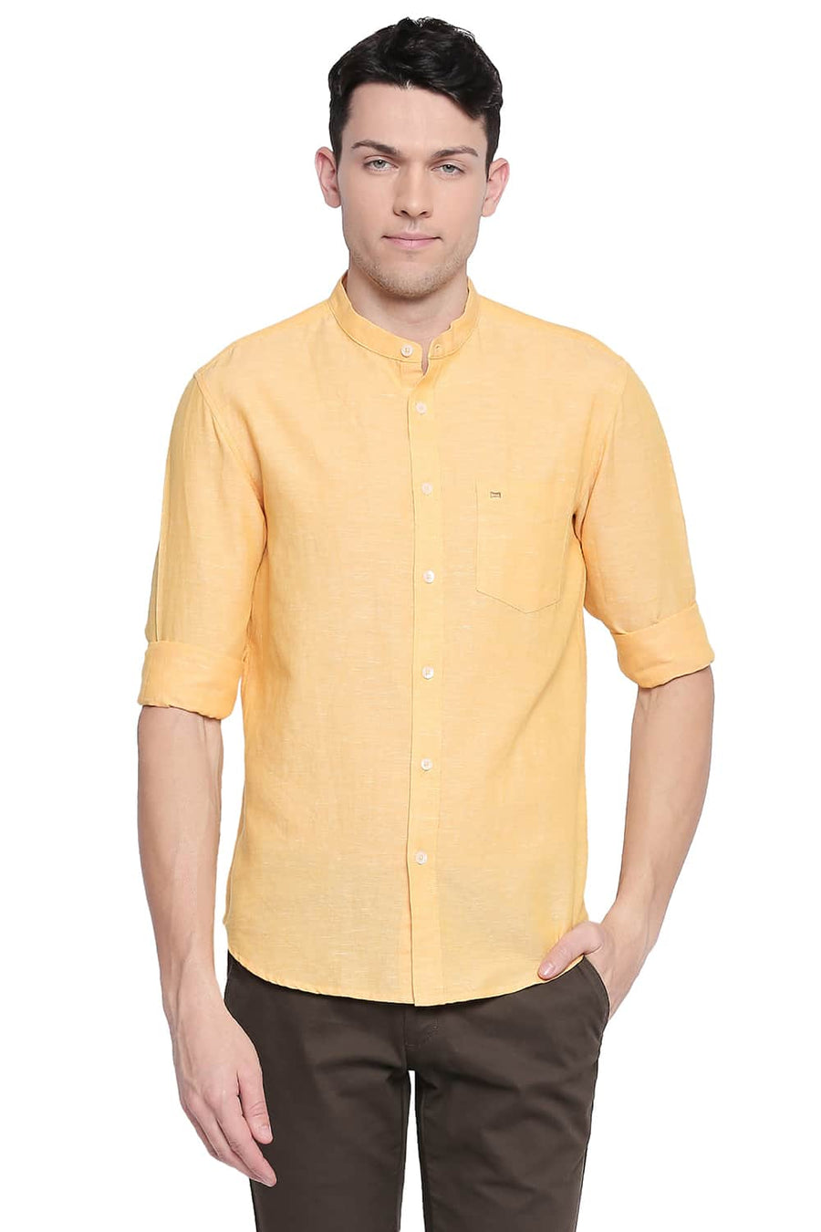 BASICS SLIM FIT DAFFODIL YELLOW COTTON LINEN SHIRT