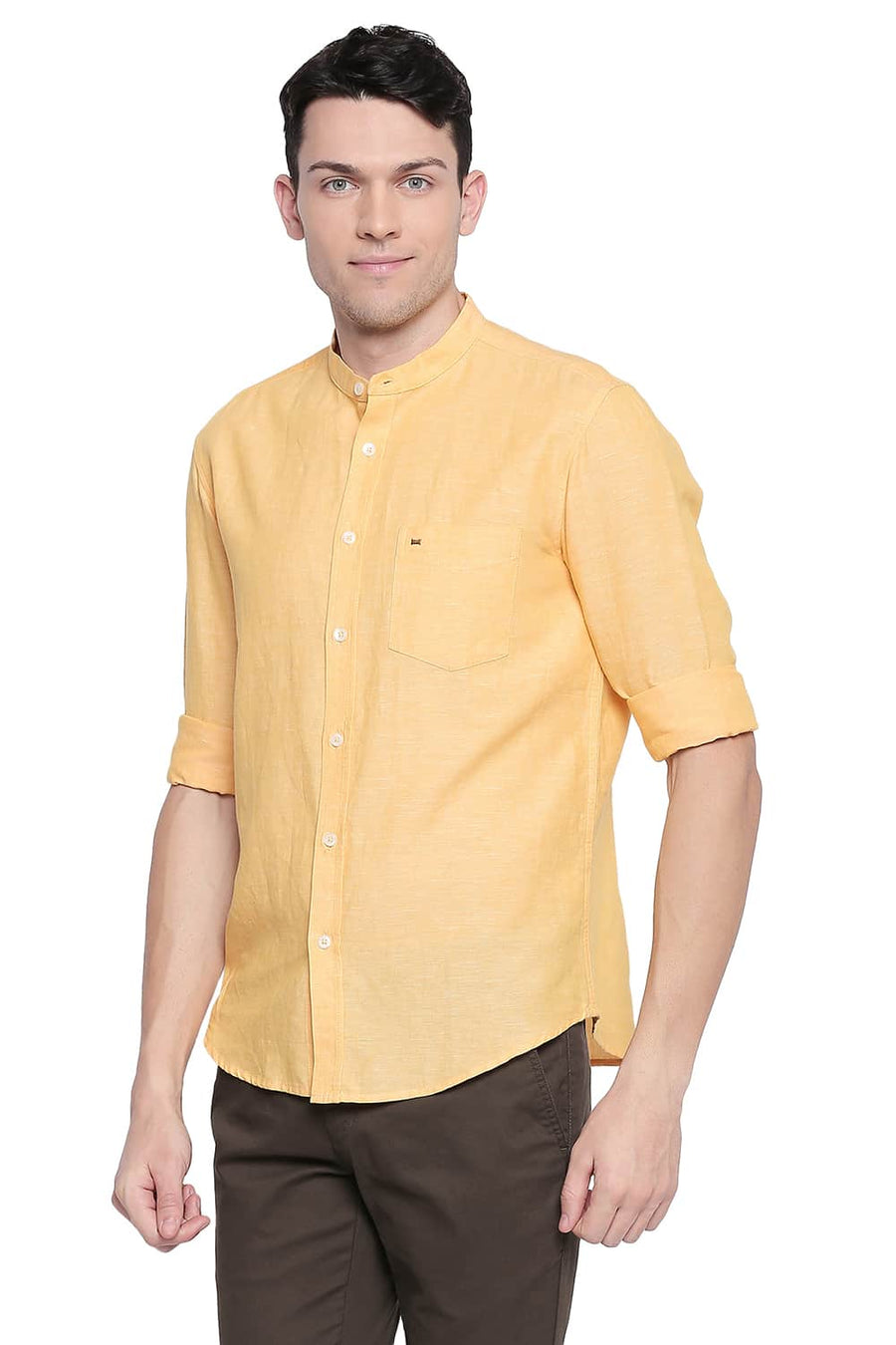 BASICS SLIM FIT DAFFODIL YELLOW COTTON LINEN SHIRT
