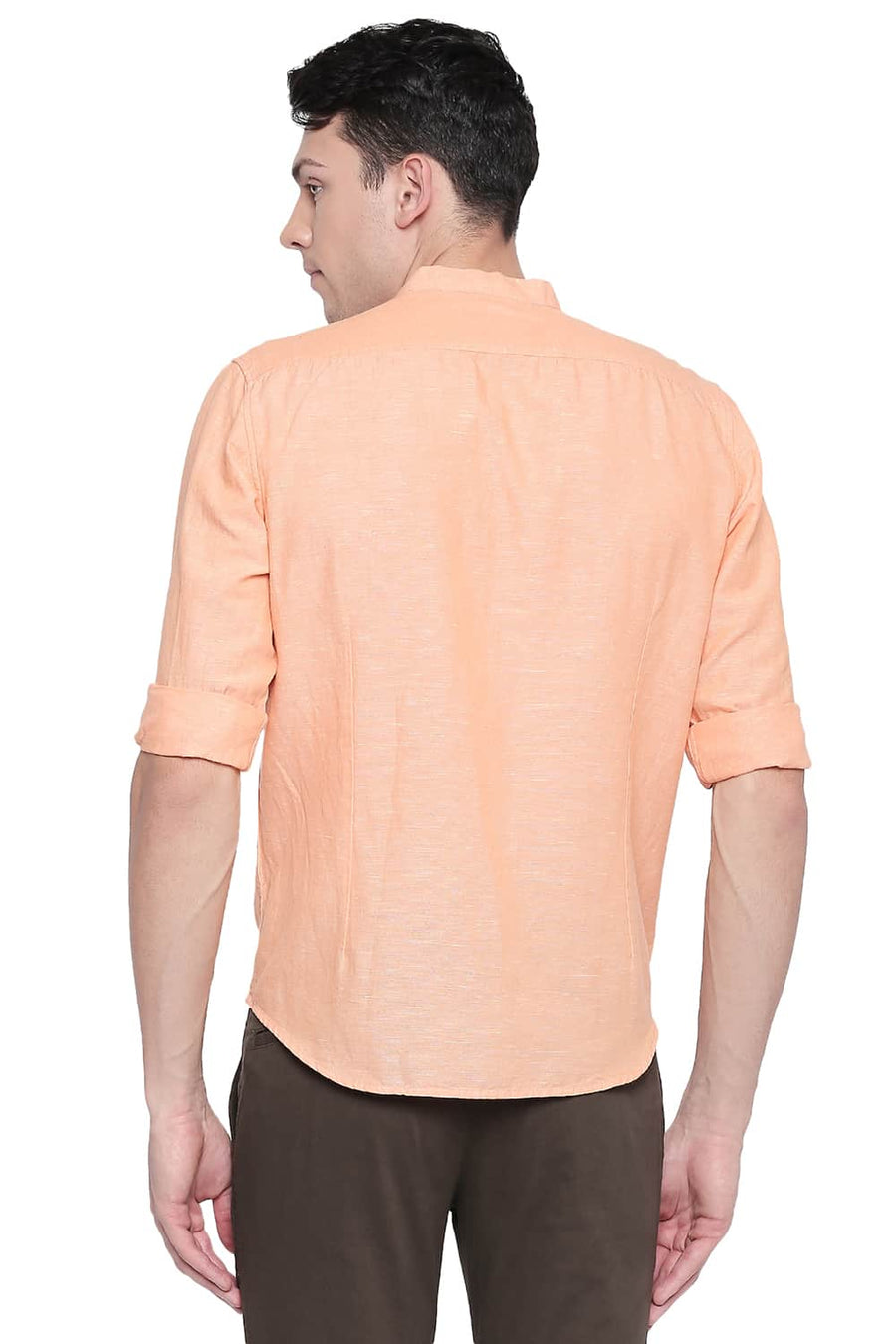 BASICS SLIM FIT TANGERINE ORANGE COTTON LINEN SHIRT