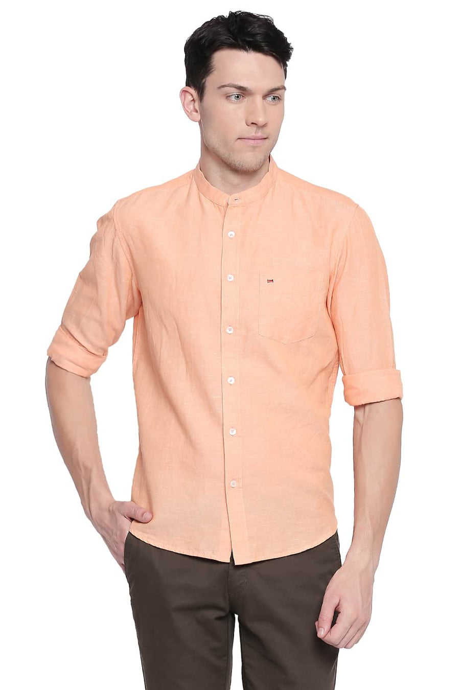 BASICS SLIM FIT TANGERINE ORANGE COTTON LINEN SHIRT
