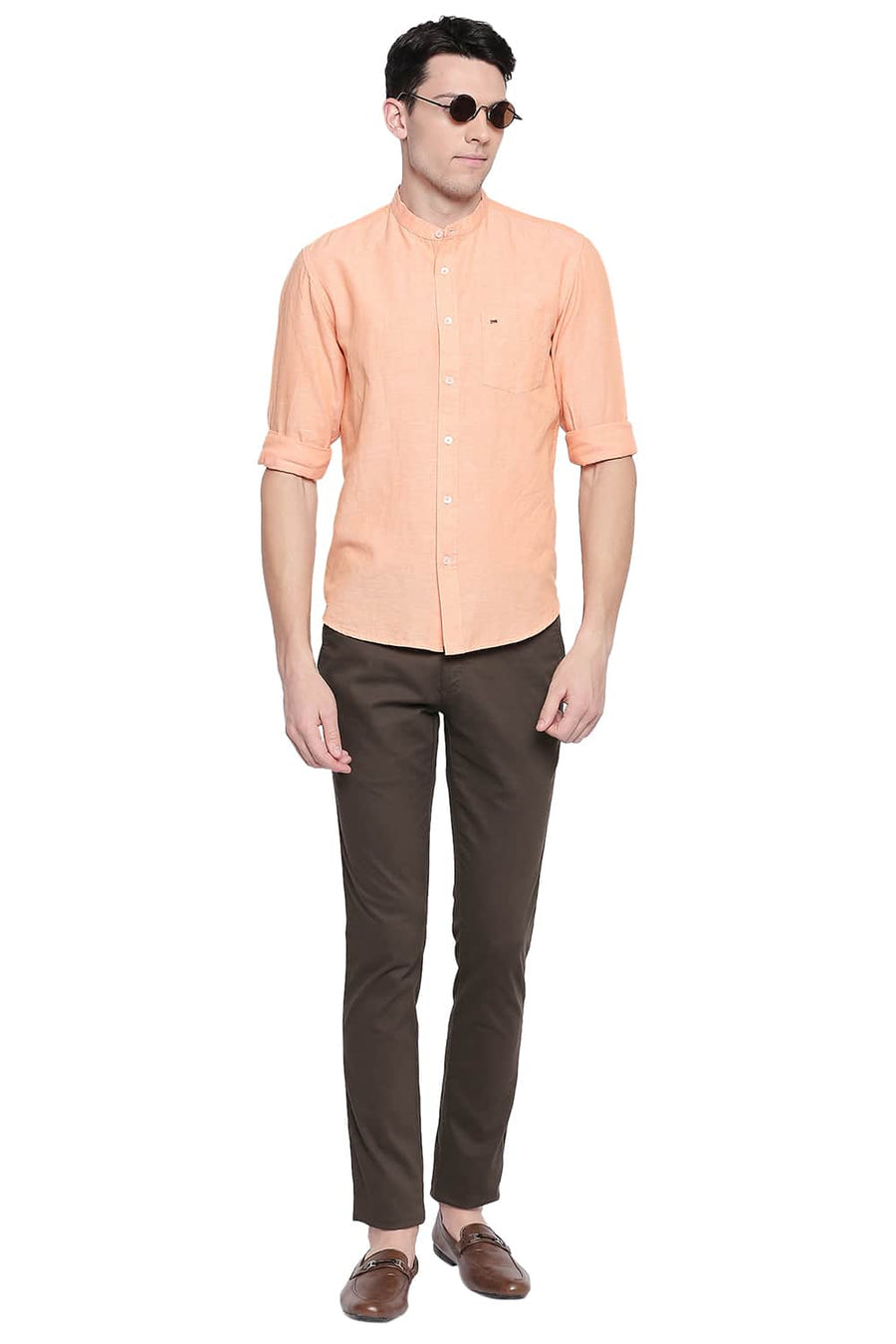 BASICS SLIM FIT TANGERINE ORANGE COTTON LINEN SHIRT