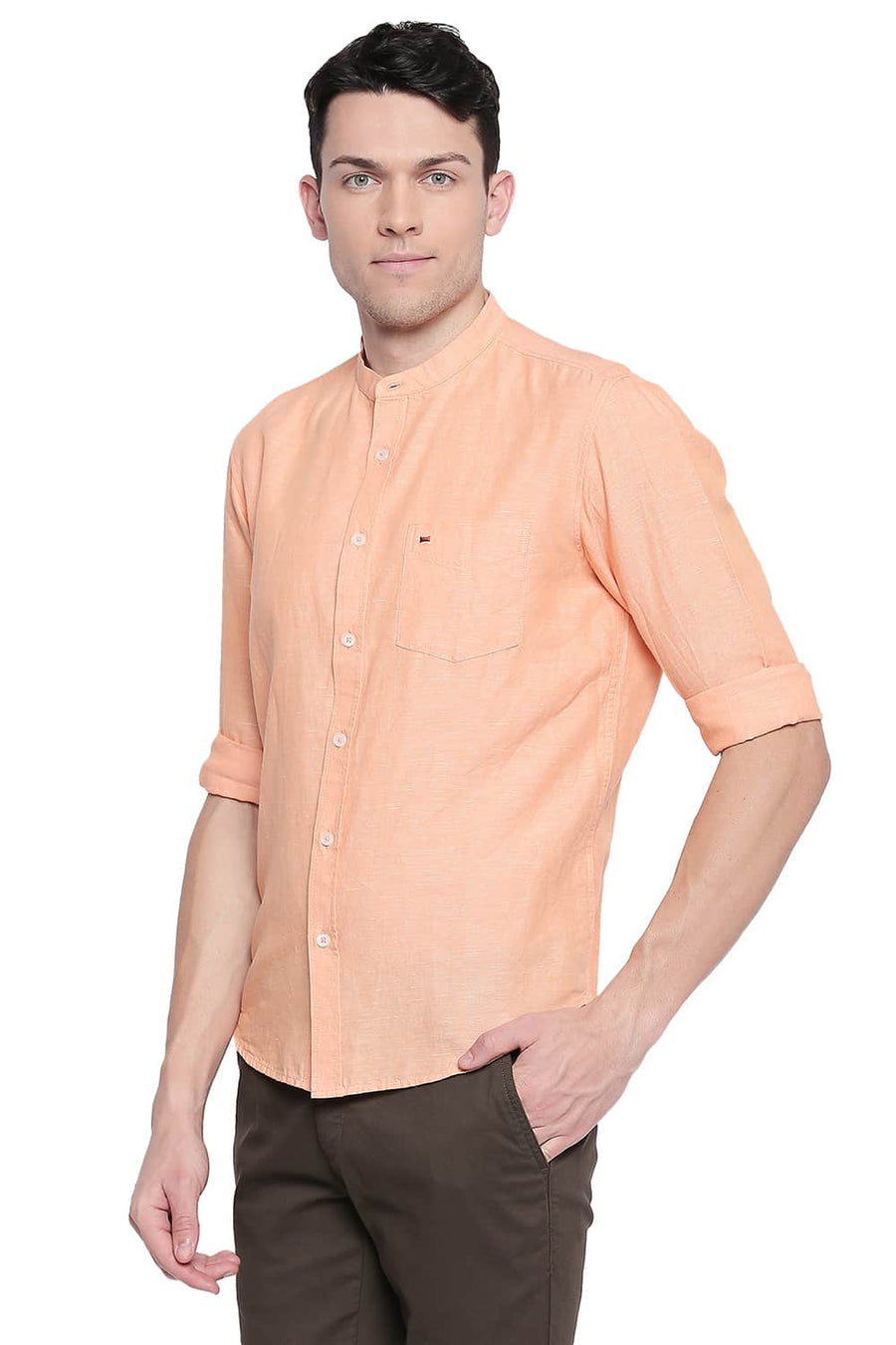 BASICS SLIM FIT TANGERINE ORANGE COTTON LINEN SHIRT