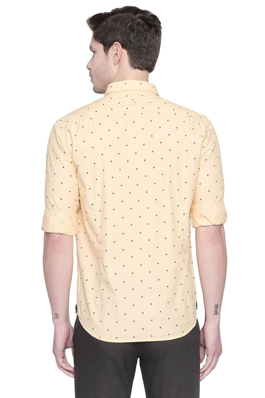BASICS SLIM FIT GOLDEN YELLOW PRINTED FIL A FIL SHIRT
