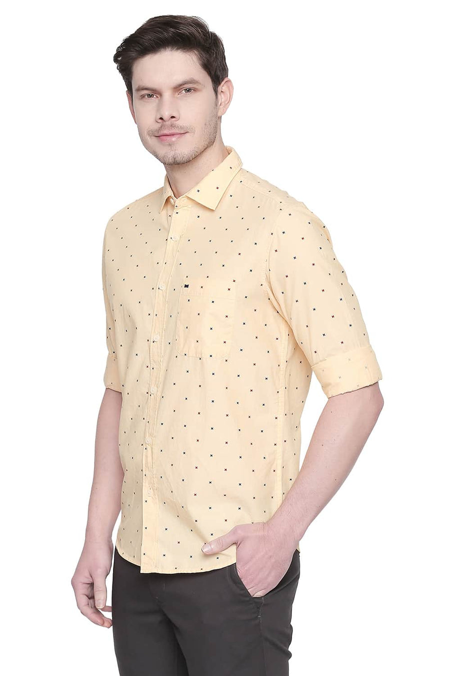 BASICS SLIM FIT GOLDEN YELLOW PRINTED FIL A FIL SHIRT