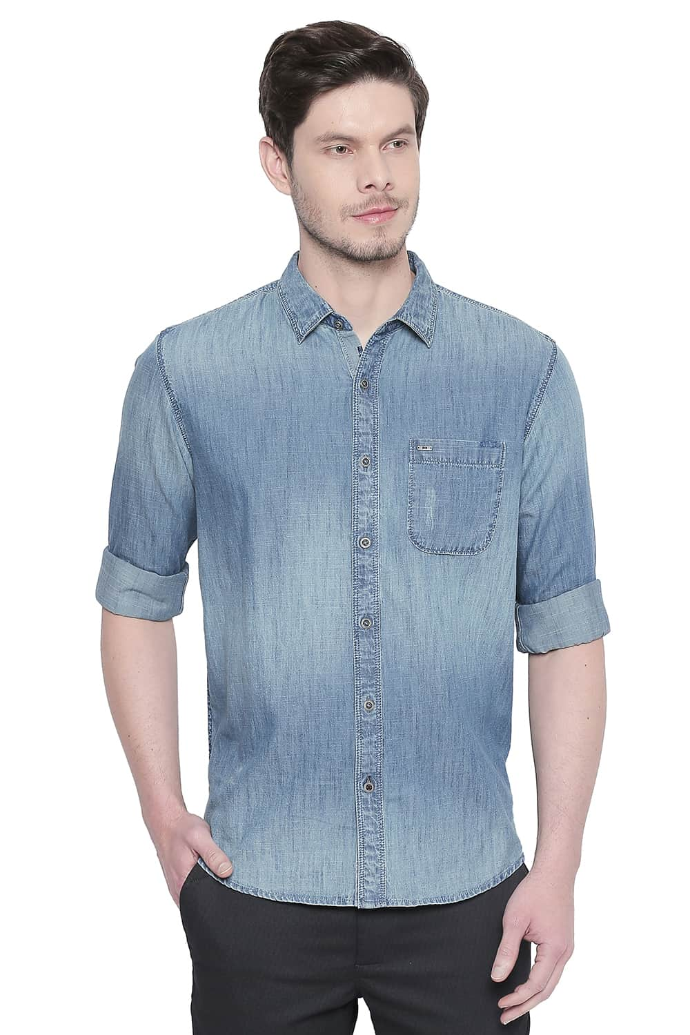 BASICS SLIM FIT INDIGO CHAMBRAY SHIRT