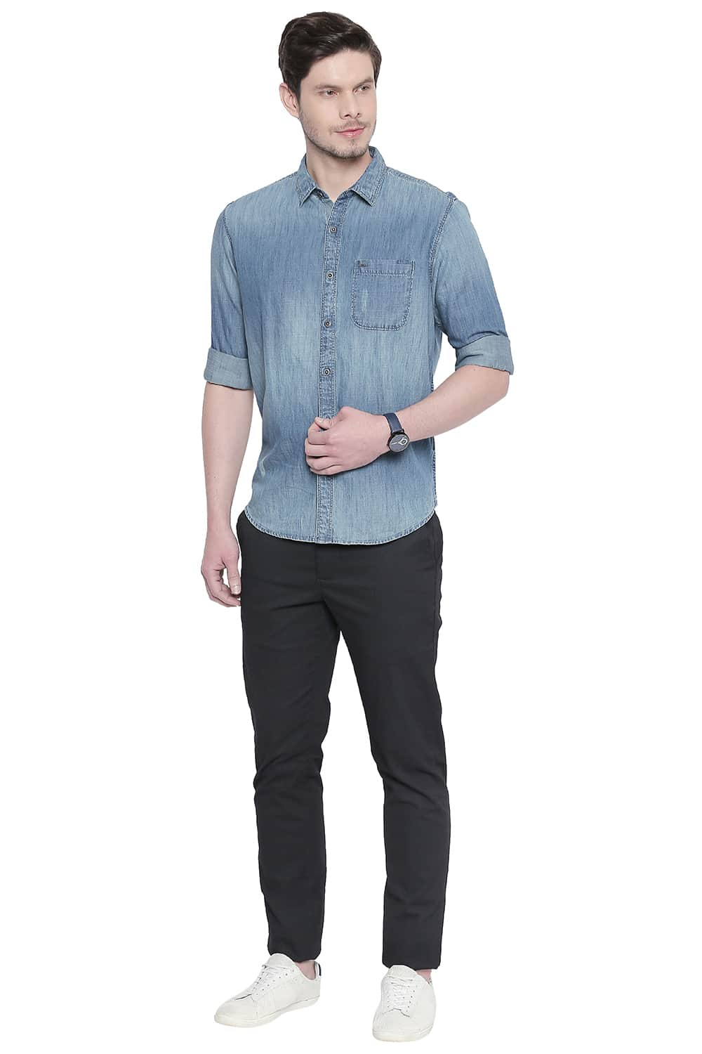 BASICS SLIM FIT INDIGO CHAMBRAY SHIRT