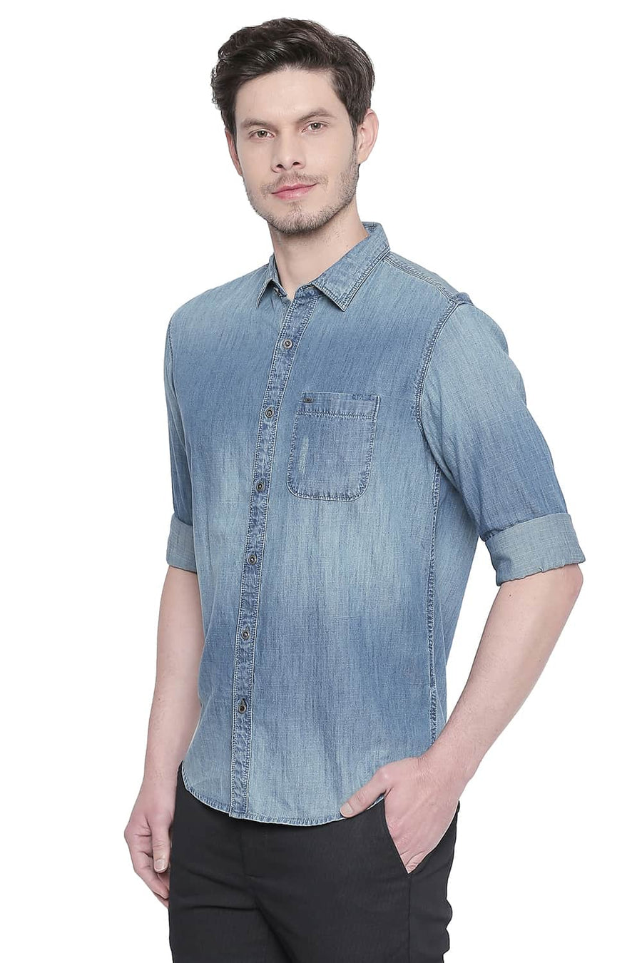 BASICS SLIM FIT BLUE SHADOW INDIGO CHAMBRAY SHIRT