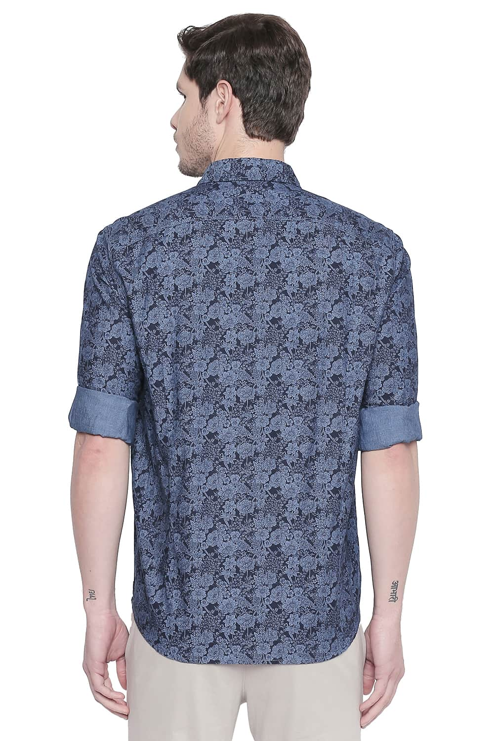 BASICS SLIM FIT INDIGO PRINTED SHIRT