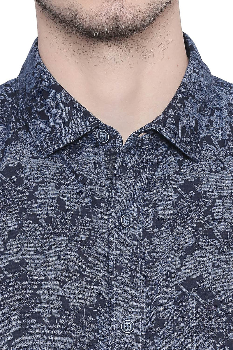 BASICS SLIM FIT INDIGO PRINTED SHIRT