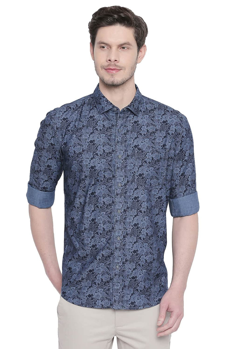 BASICS SLIM FIT INDIGO PRINTED SHIRT