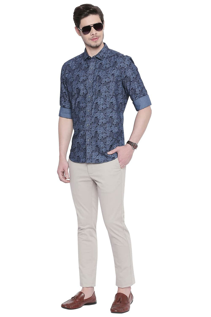 BASICS SLIM FIT INDIGO PRINTED SHIRT