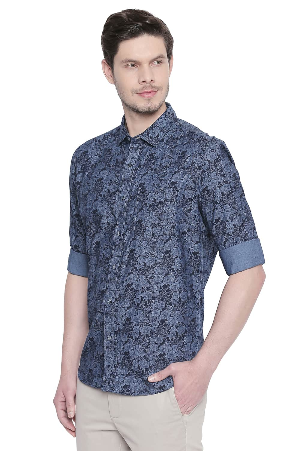 BASICS SLIM FIT INDIGO PRINTED SHIRT