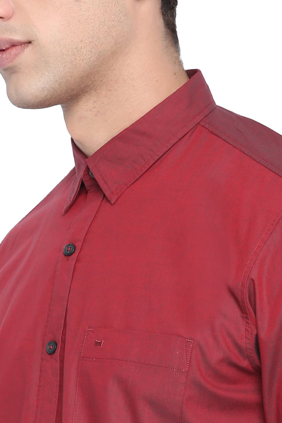 BASICS SLIM FIT DAHLIA RED CHAMBRAY SHIRT