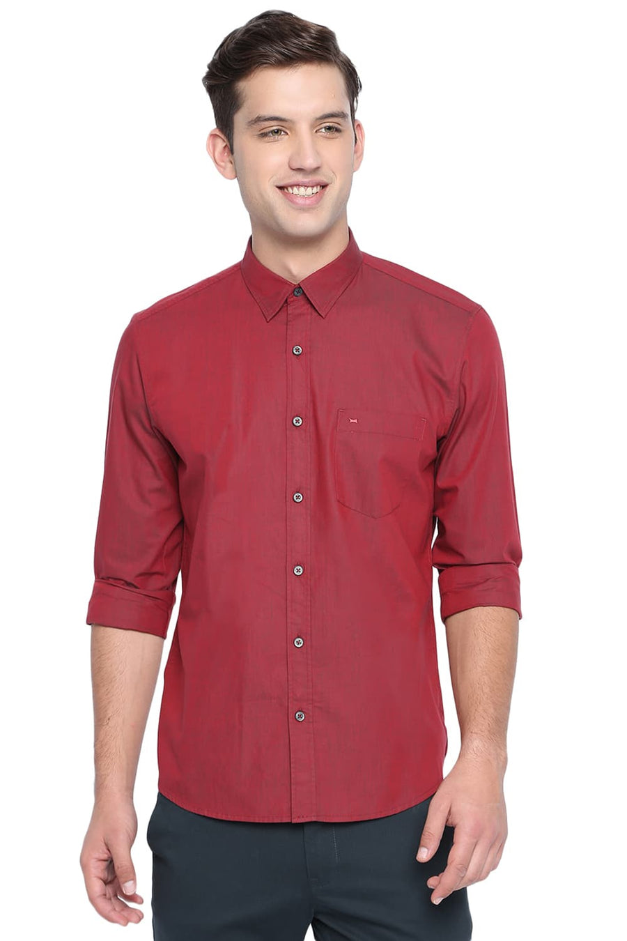 BASICS SLIM FIT DAHLIA RED CHAMBRAY SHIRT