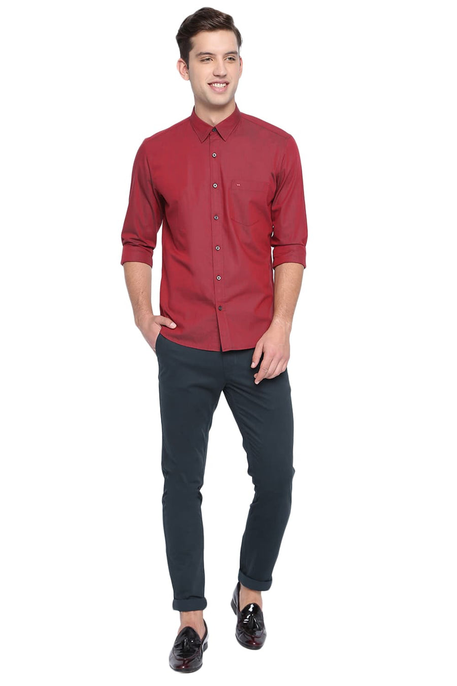 BASICS SLIM FIT DAHLIA RED CHAMBRAY SHIRT