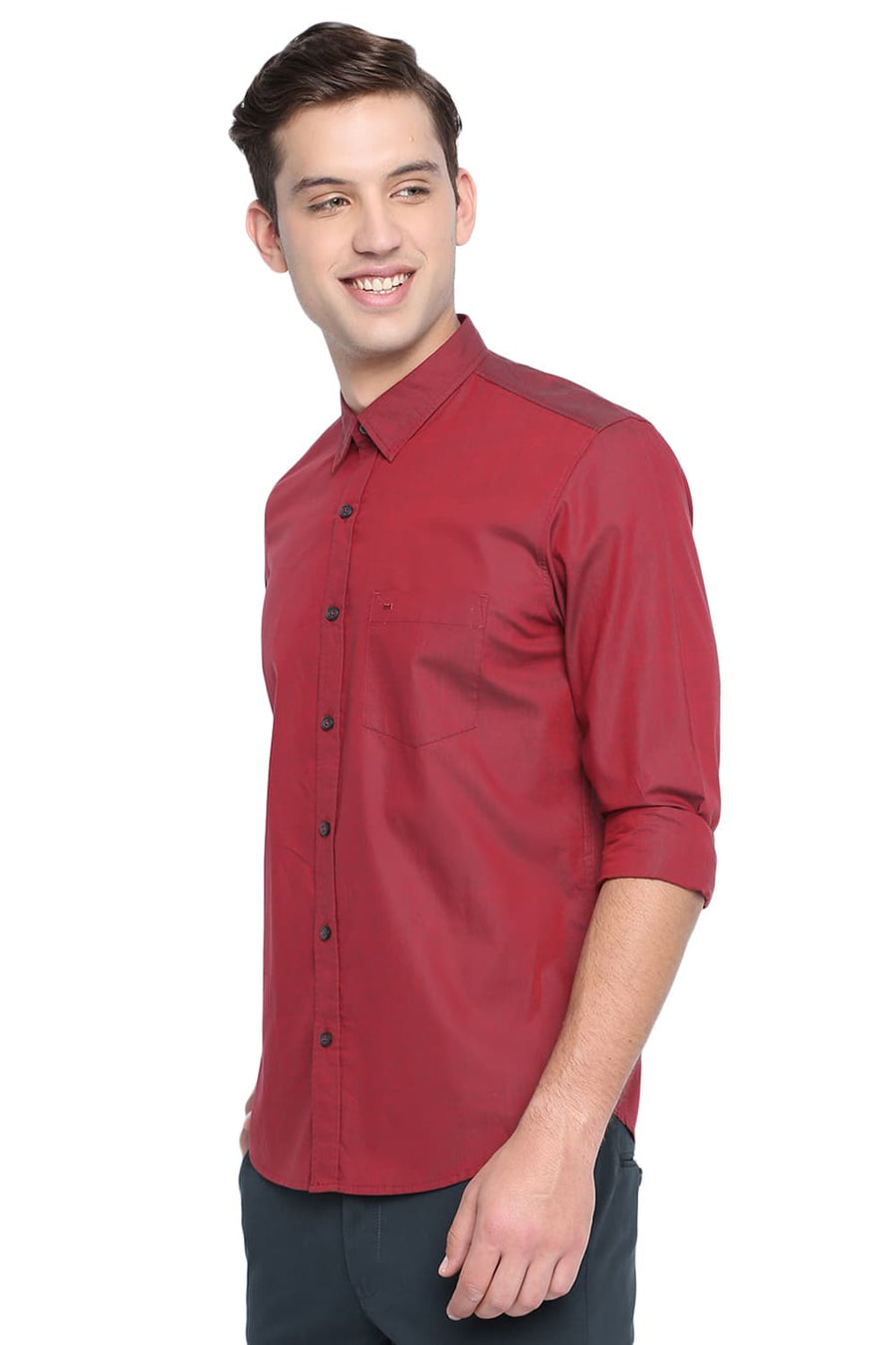 BASICS SLIM FIT DAHLIA RED CHAMBRAY SHIRT