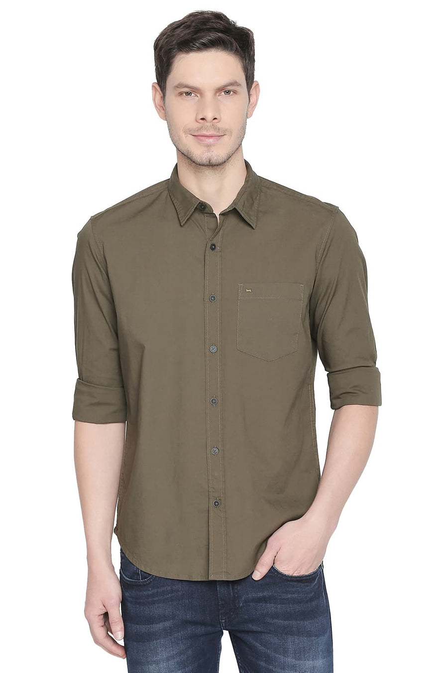 BASICS SLIM FIT RIFLE GREEN STRETCH SHIRT