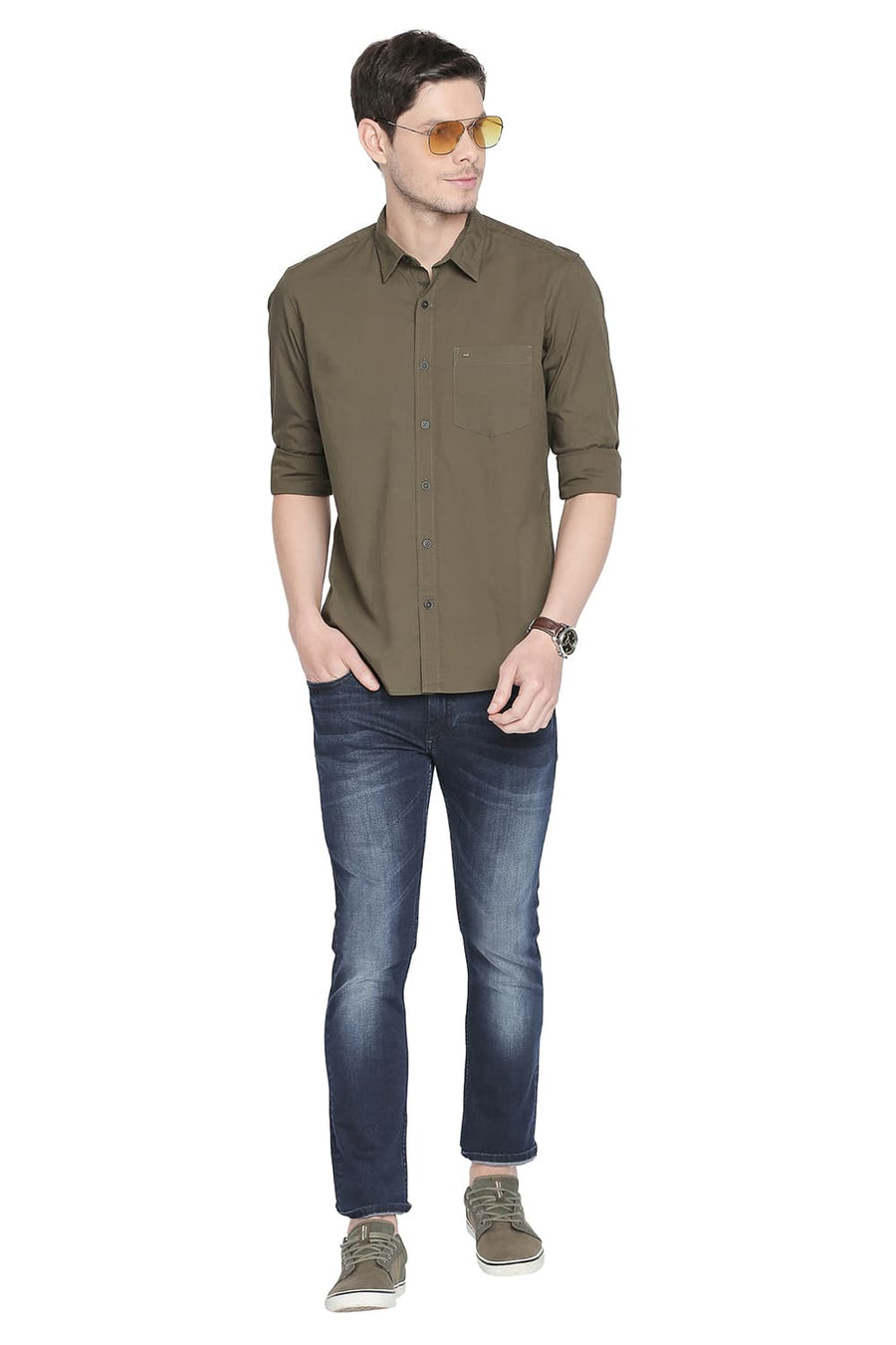 BASICS SLIM FIT RIFLE GREEN STRETCH SHIRT