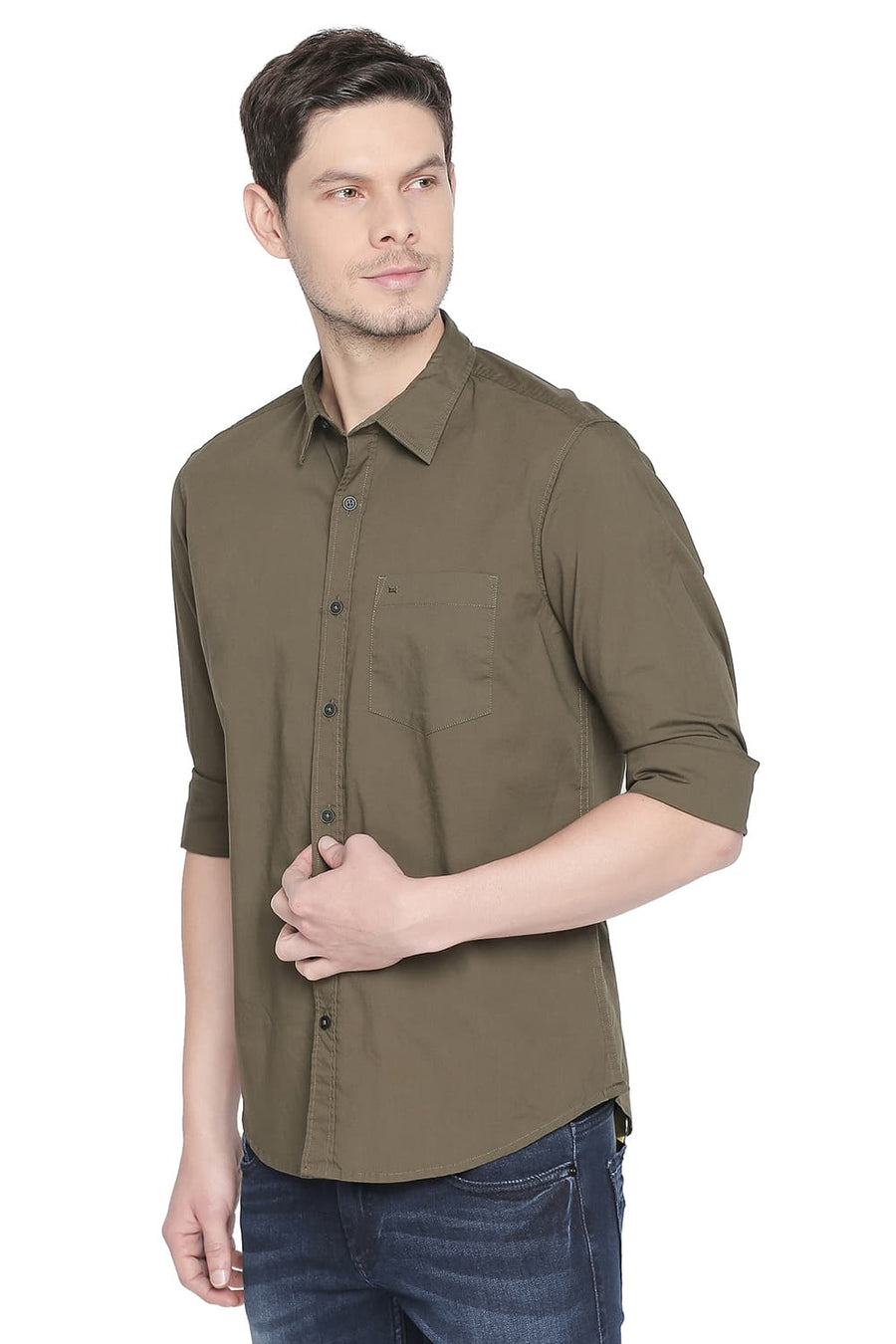 BASICS SLIM FIT RIFLE GREEN STRETCH SHIRT