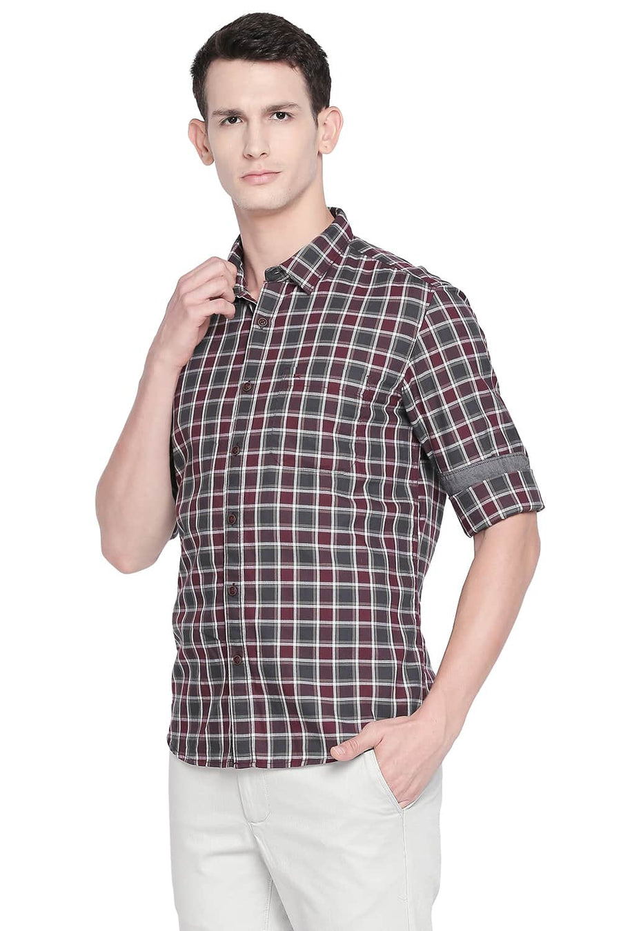 BASICS SLIM FIT OXBLOOD MAROON CHECKS SHIRT