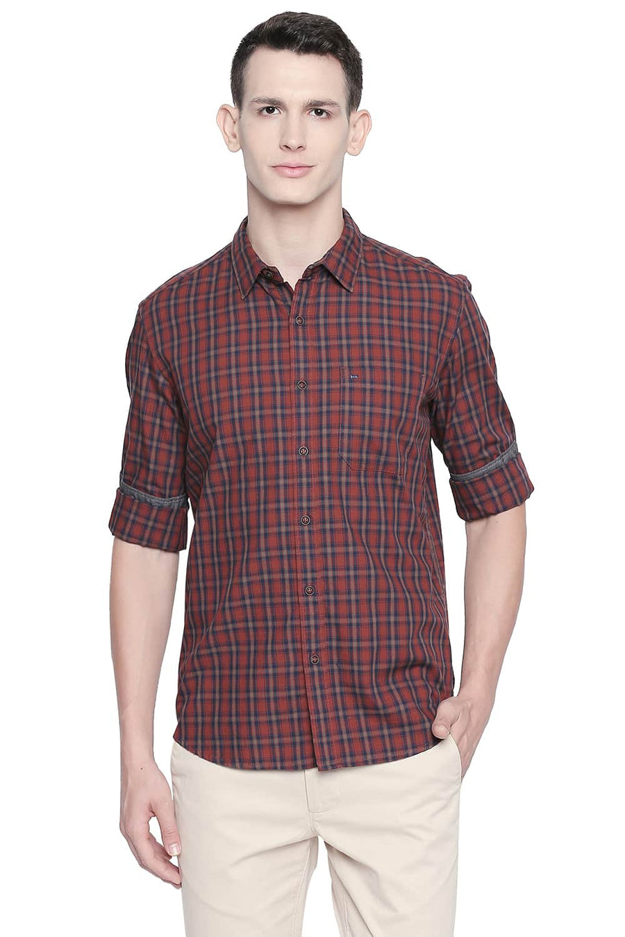 BASICS SLIM FIT SEQUOIA BROWN CHECKS SHIRT