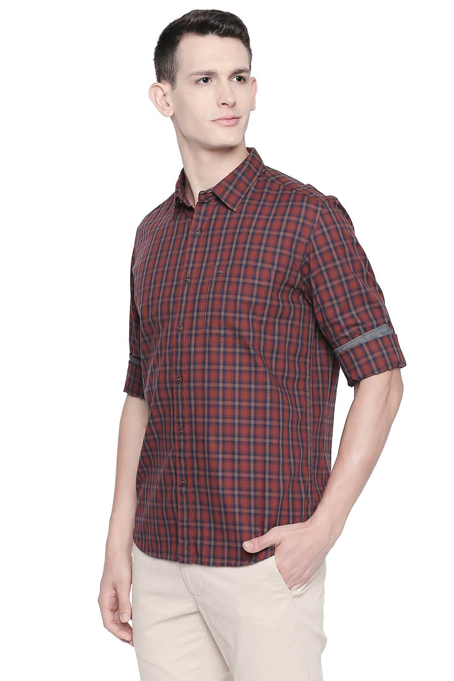 BASICS SLIM FIT SEQUOIA BROWN CHECKS SHIRT