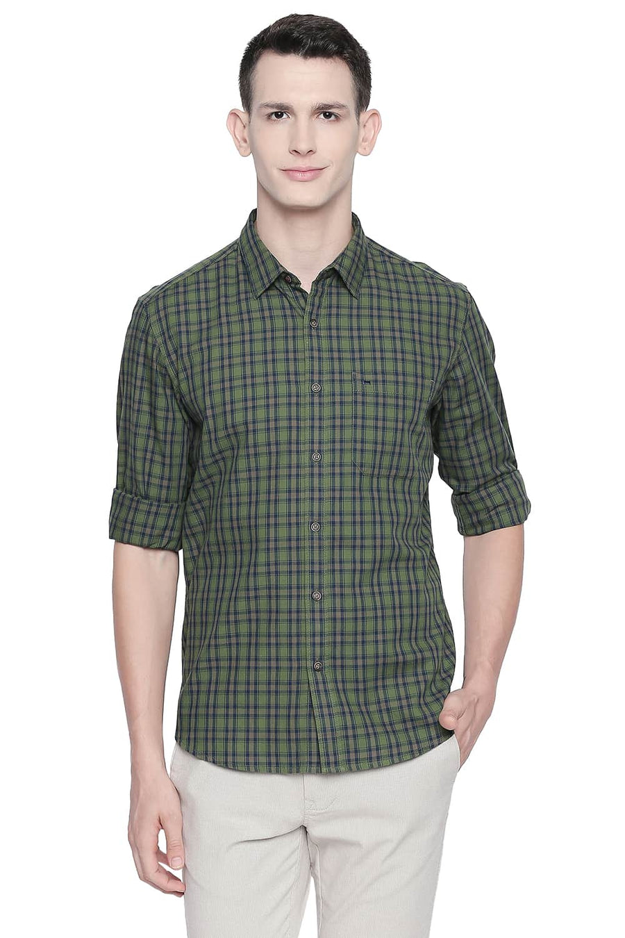 BASICS SLIM FIT GILL GREEN CHECKS SHIRT