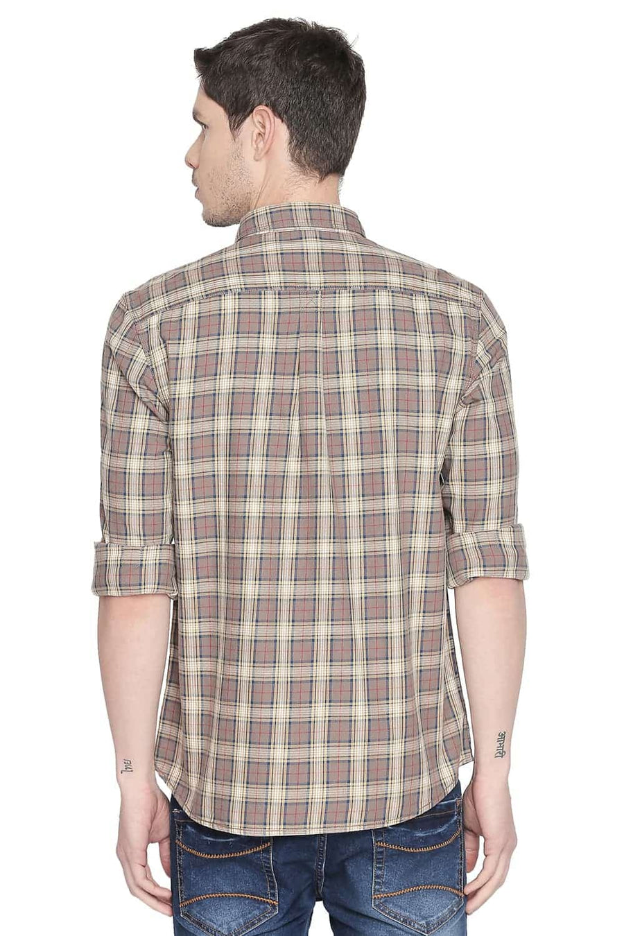 BASICS SLIM FIT CARIBOU KHAKI CHECKS SHIRT