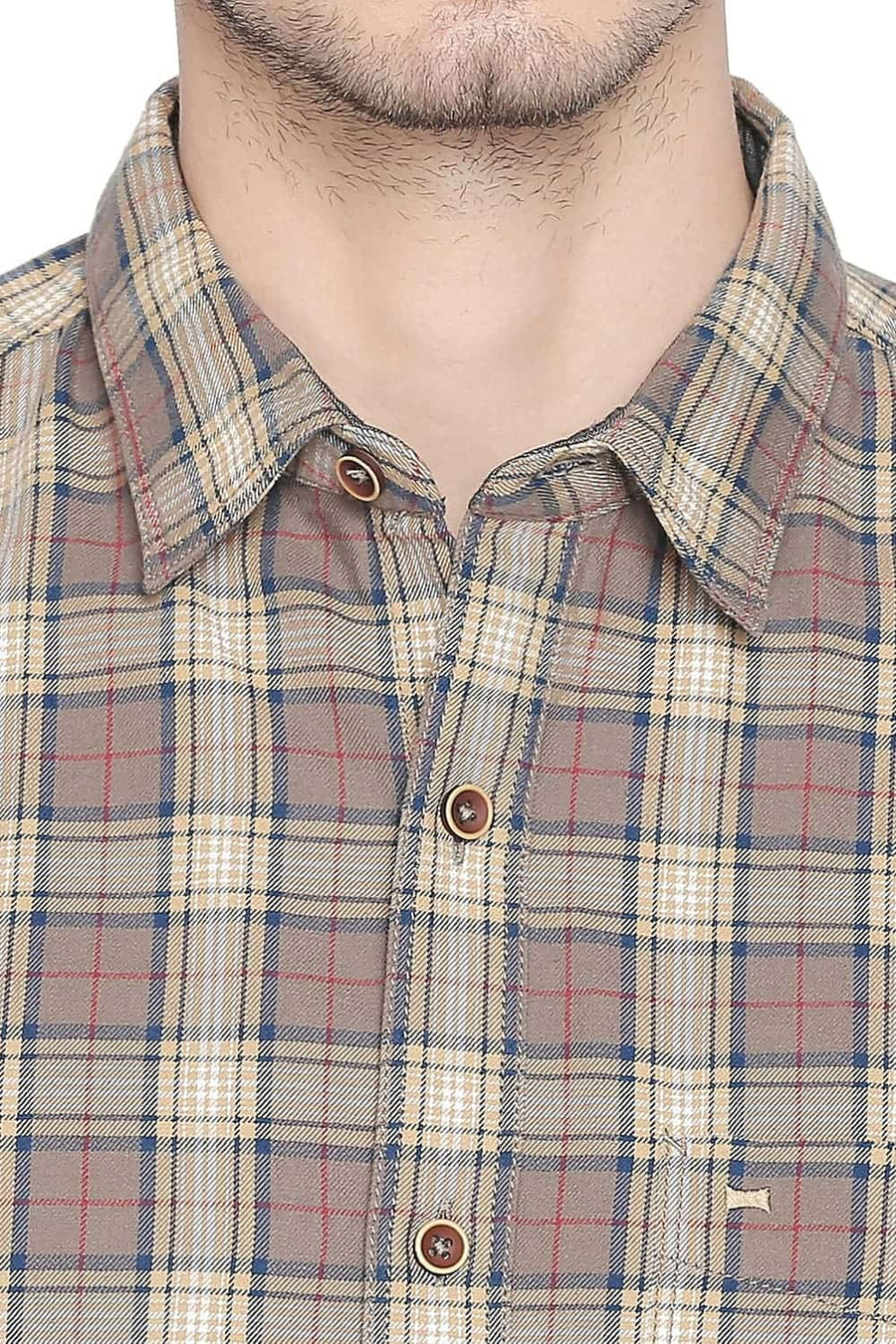 BASICS SLIM FIT CARIBOU KHAKI CHECKS SHIRT