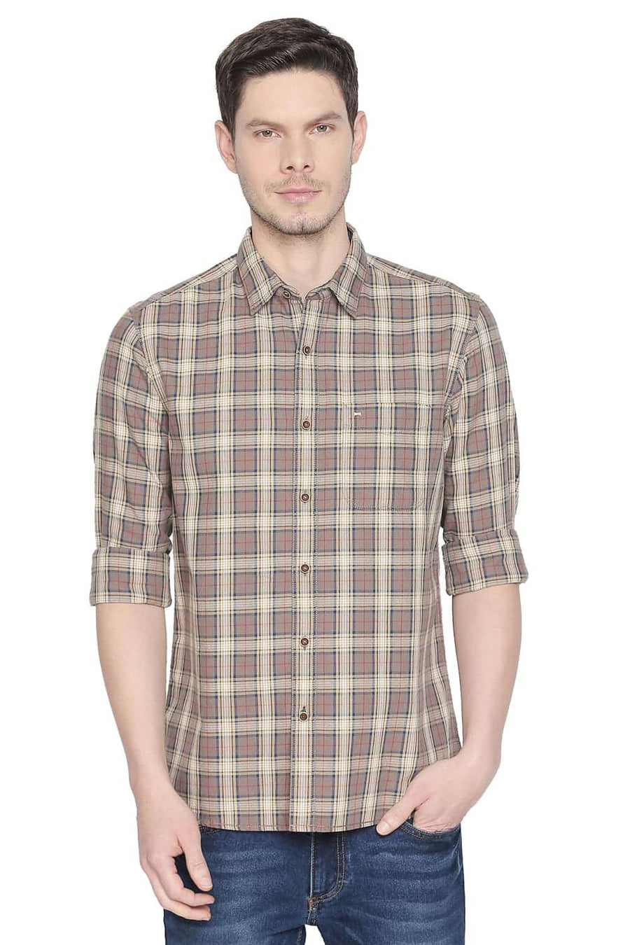 BASICS SLIM FIT CARIBOU KHAKI CHECKS SHIRT